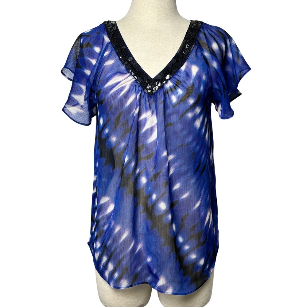 Express‎ Blue Abstract Sheer Beaded V-Neck Blouse XS Flutter Sleeve Top Chiffon
